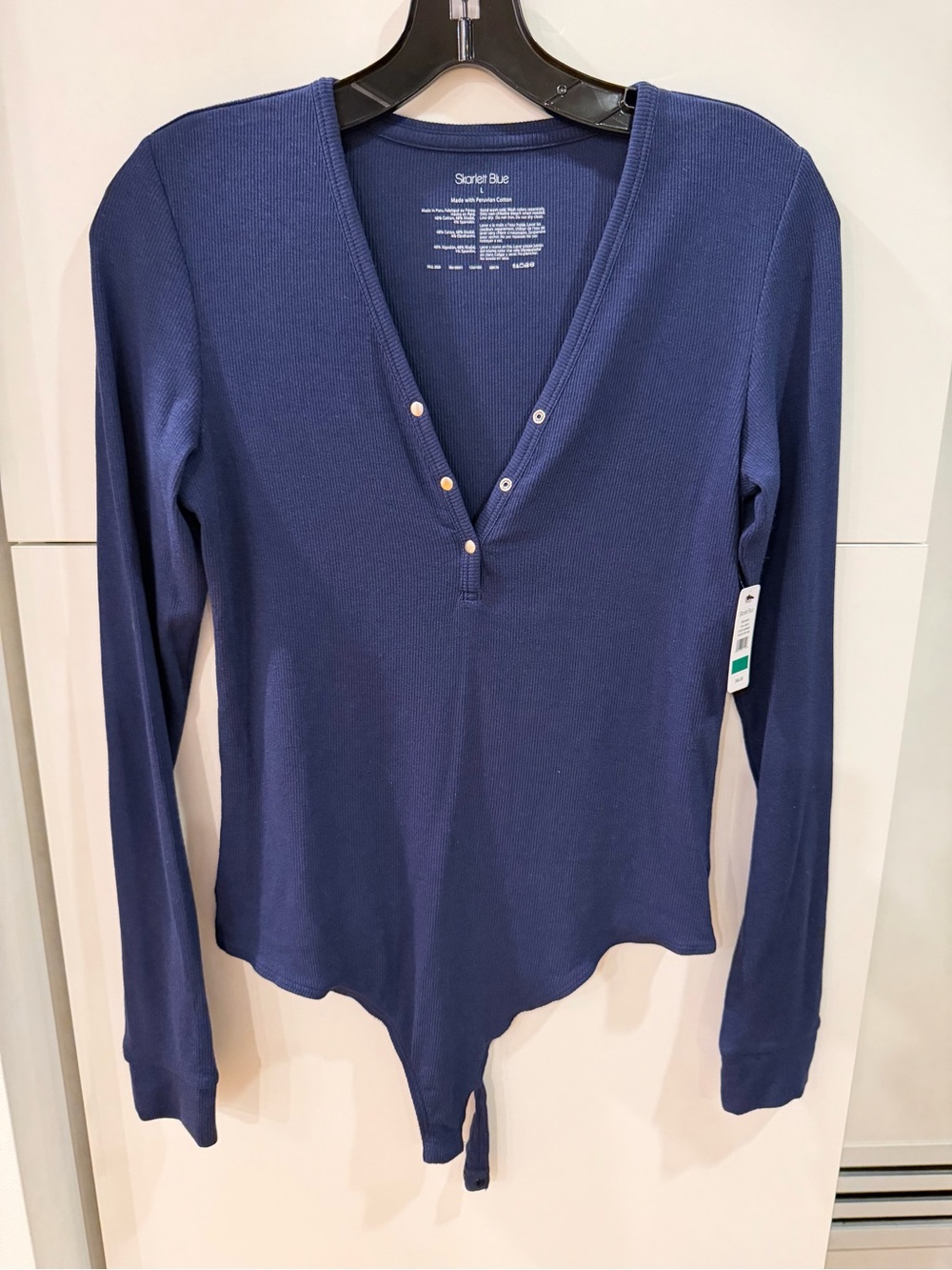Skarlett Blue Navy Ribbed Henley Long Sleeve Thong Bodysuit Size L NWT